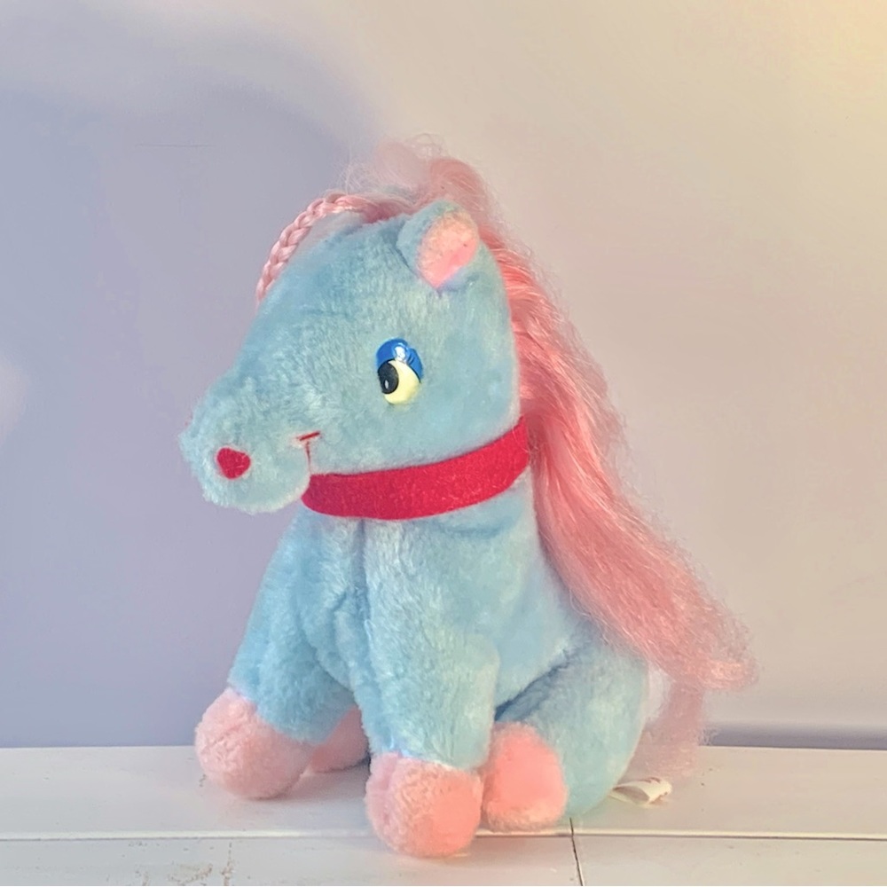 Vintage 80s MTY International Pink & Blue Plush Stuffed Animal Horse Pony